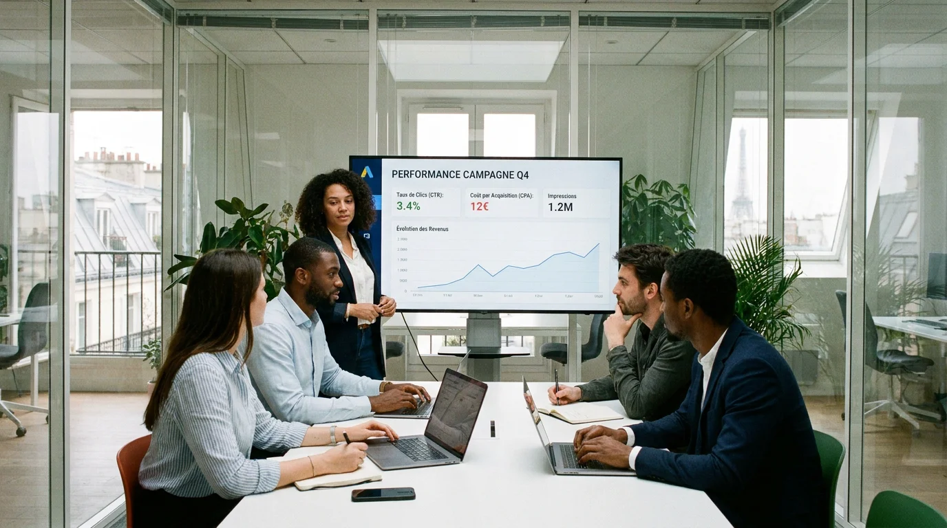 Équipe de consultants en marketing digital analysant les performances de campagnes publicitaires