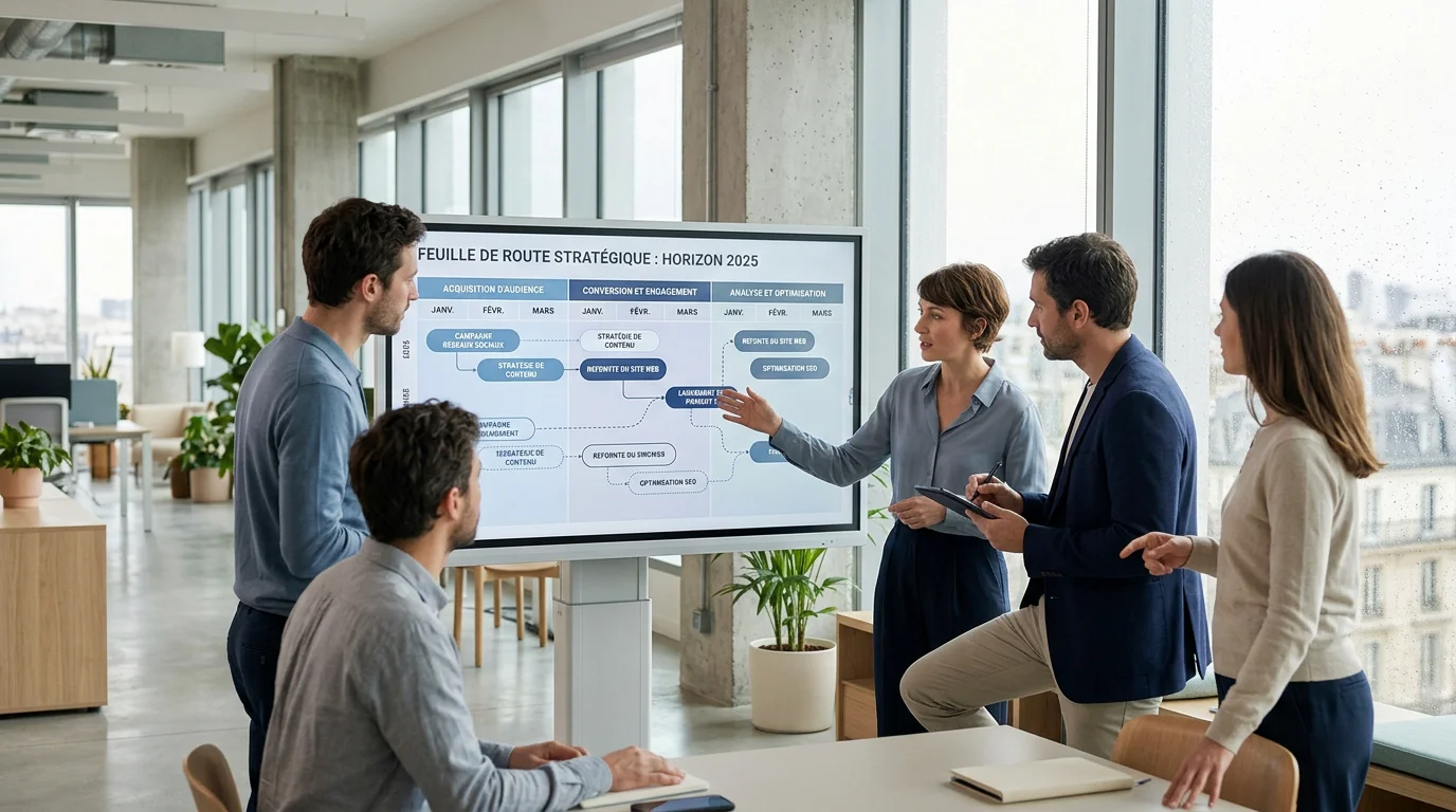 Équipe marketing analysant une feuille de route de stratégie digitale