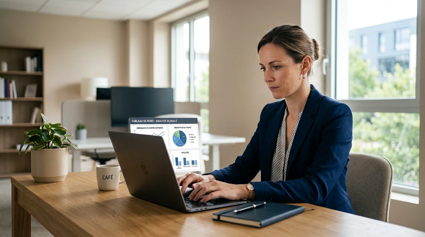 Consultant indépendant analysant des données marketing sur un ordinateur portable