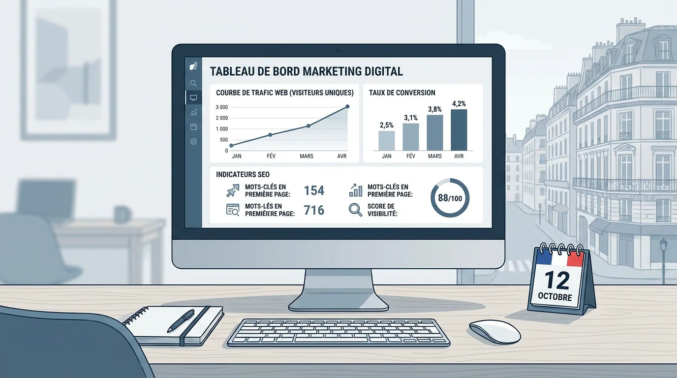 Tableau de bord digital affichant des indicateurs de performance marketing pour une agence de communication digitale