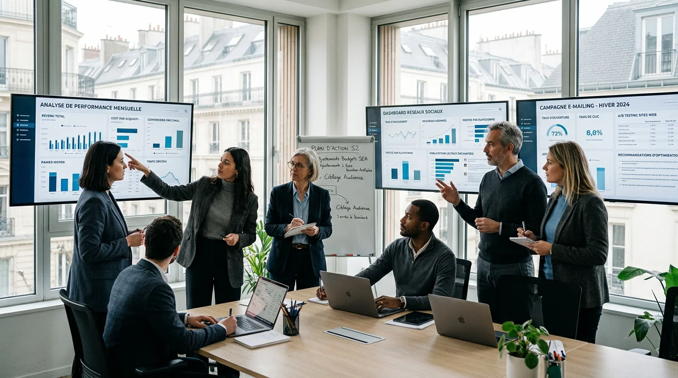 Équipe d'une agence conseil en marketing digital analysant des tableaux de bord de performance