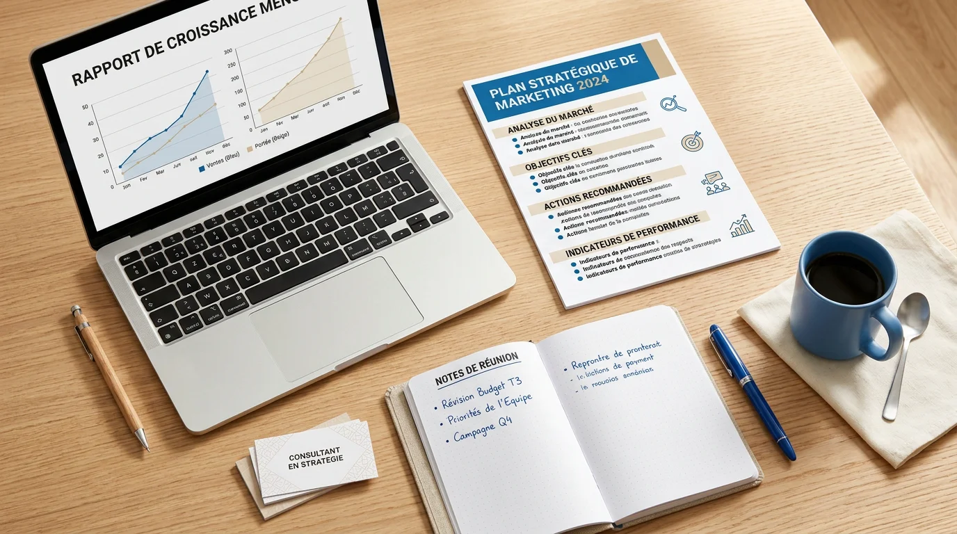 Plan de stratégie marketing digital et graphiques de croissance sur un bureau