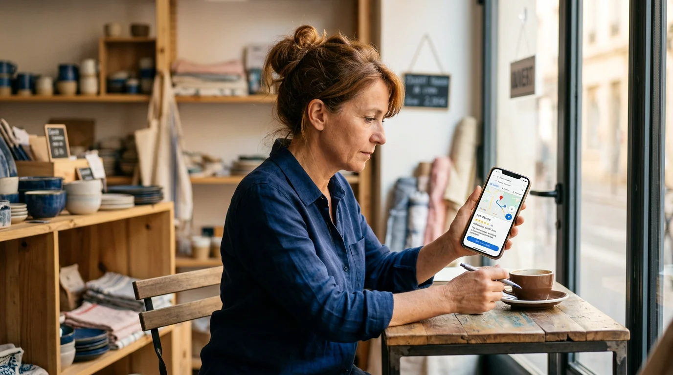 Commerçant consultant sa fiche établissement locale sur mobile dans sa boutique