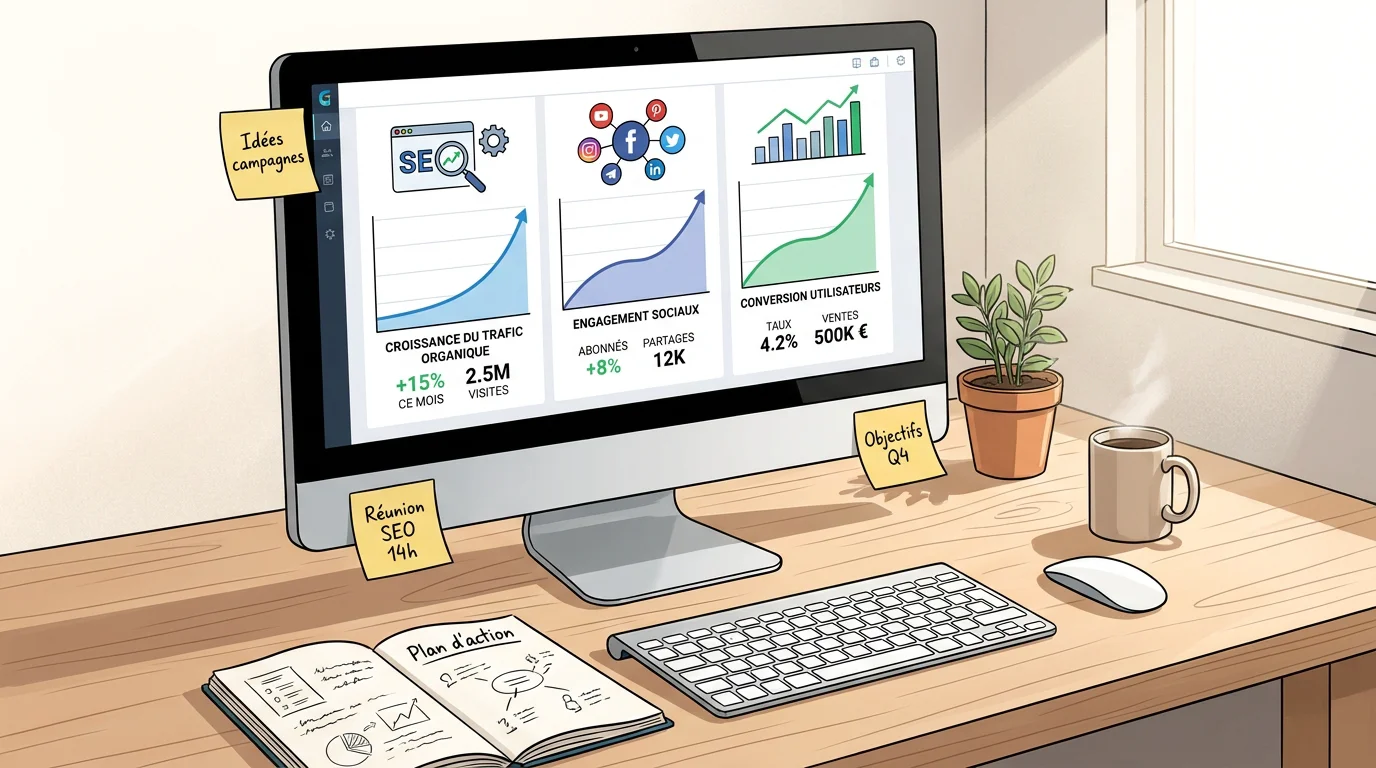 Tableau de bord de marketing digital avec indicateurs de performance SEO et réseaux sociaux
