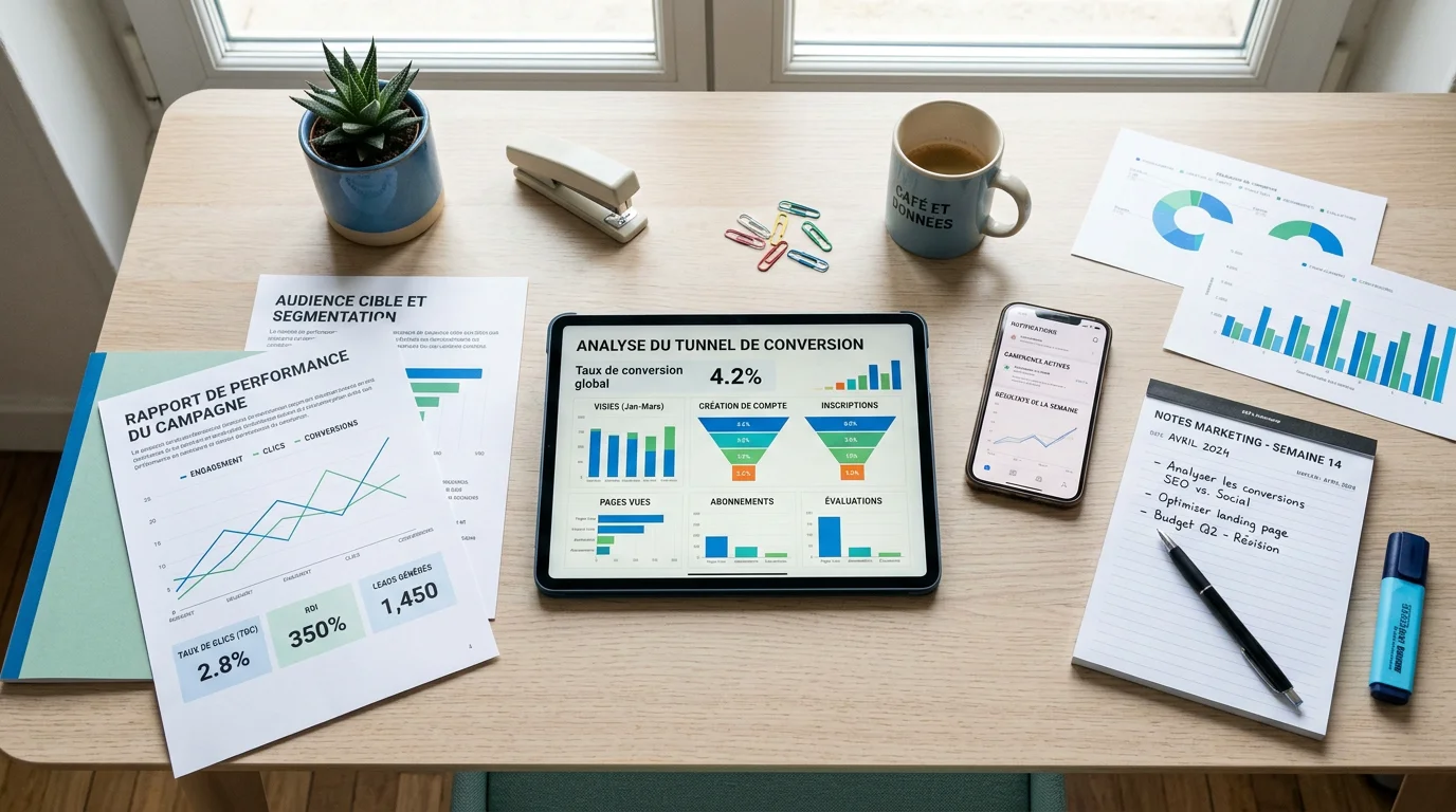 Espace de travail marketing orienté data avec rapports de performance et analyses de conversion