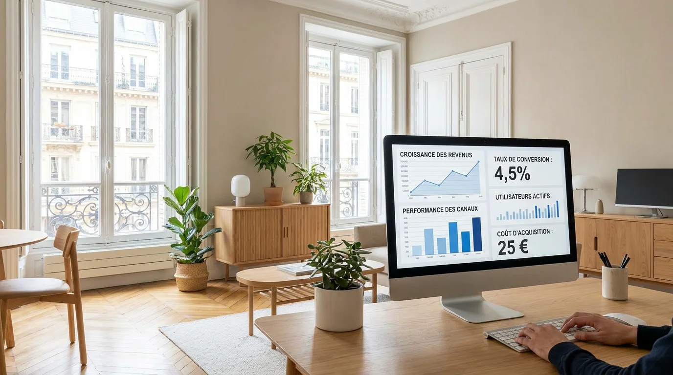 Tableau de bord analytique marketing affichant des indicateurs de croissance et de conversion