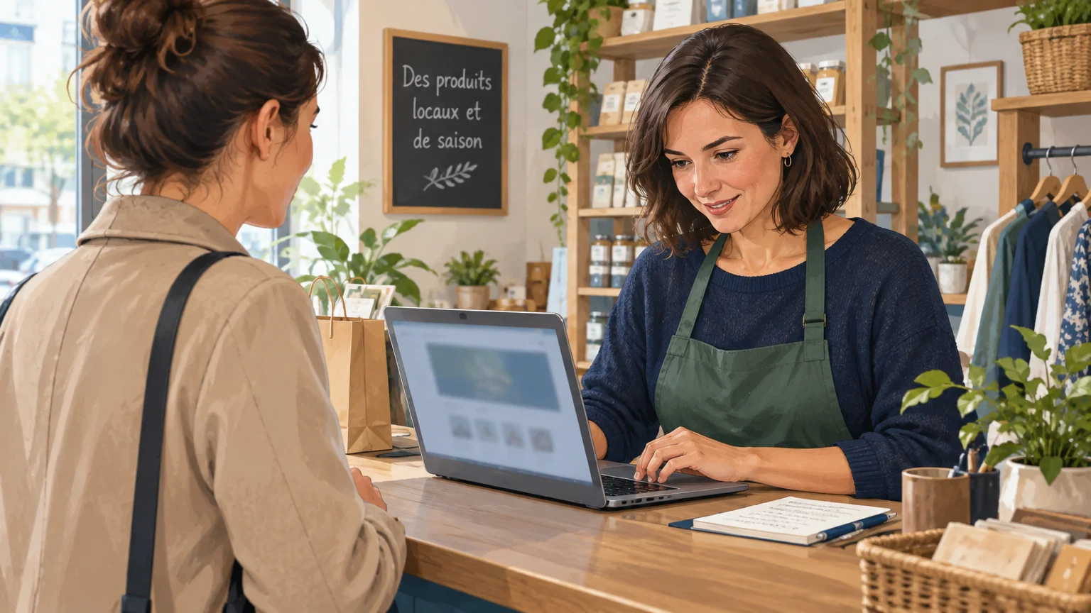Commerçante consultant son site en ligne dans sa boutique