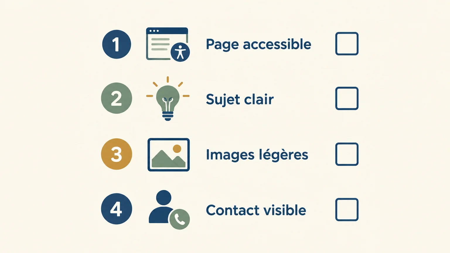 Checklist SEO pour vérifier l’accès, le contenu, les images et le contact d’une page.