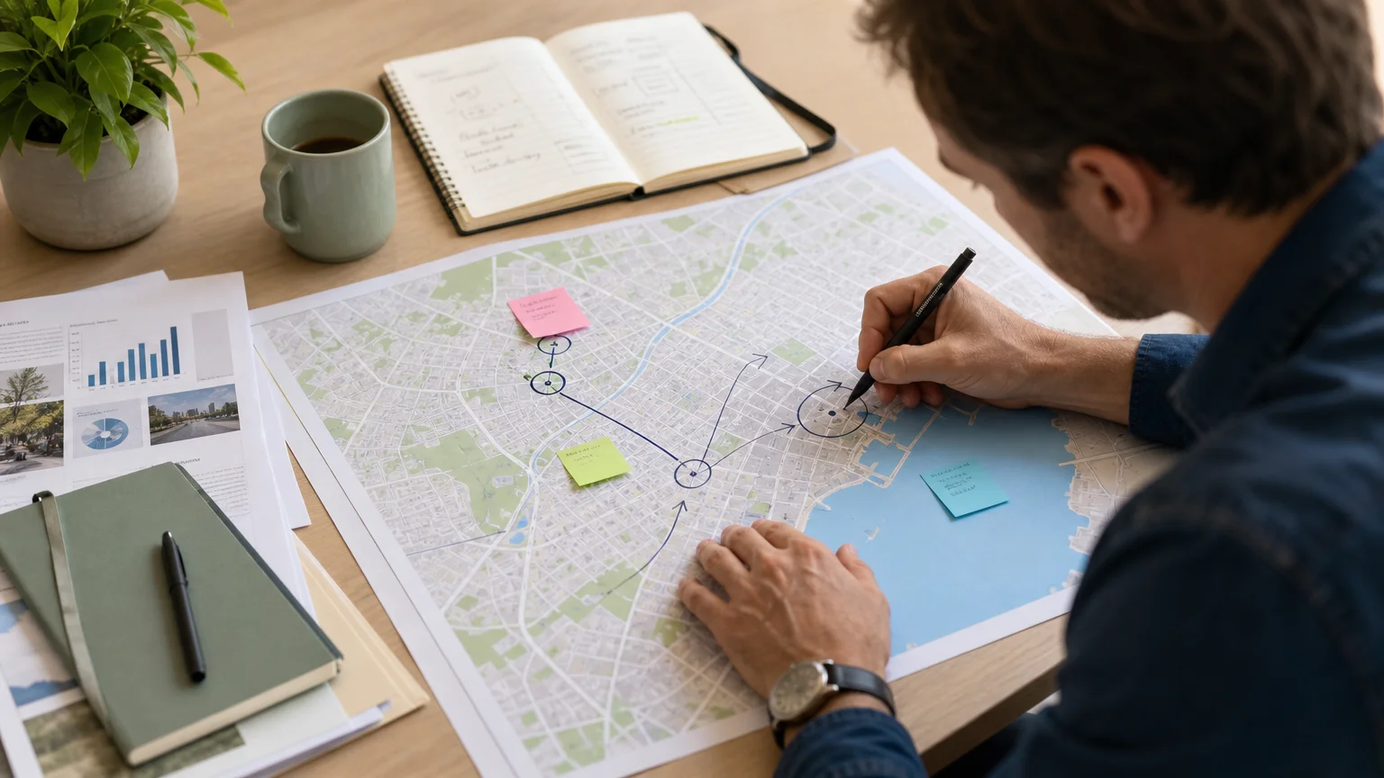 Un professionnel de l’immobilier repère les particularités de son secteur sur une carte