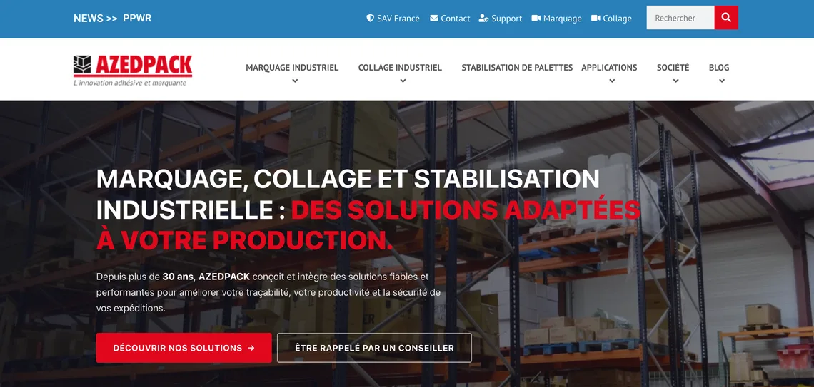 Site Azedpack, solutions de marquage et collage industriel